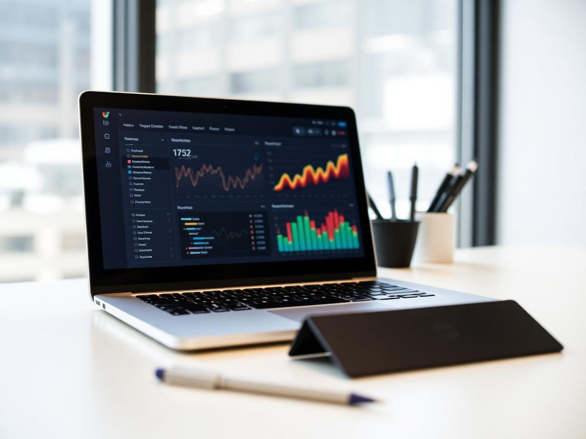 Laptop on a bright desk showing a website analytics dashboard